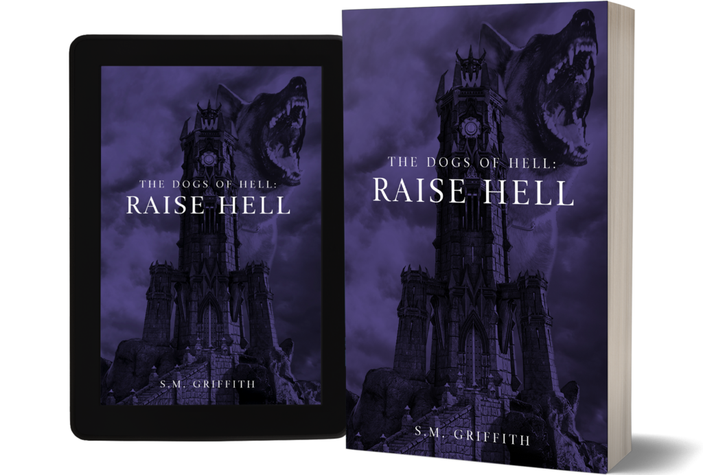 Rendering of The Dogs of Hell: Raise Hell book in paperback format and displayed on an e-reader device